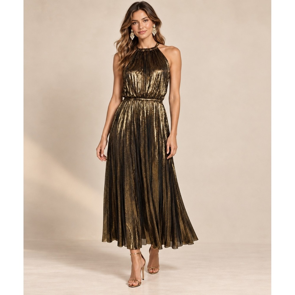 Lucy Paris Metallic Gold Pleated Halter Midi Dress DR3713-2 Small